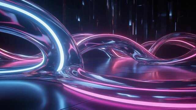 Image photo animation wires neon pink blue tube tracks. Reflective grid floor panels structure technical layout views. Minimal abstract cyber rooms loop template graphics.