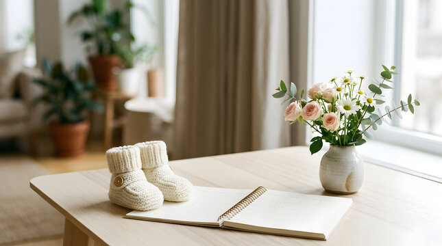 Small knitted baby booties and an open personal planner on a wooden table near flowers