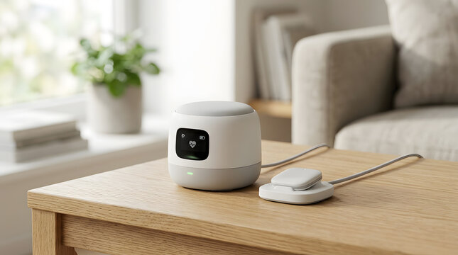 Small portable heart rate monitor device placed on a wooden table in a living room