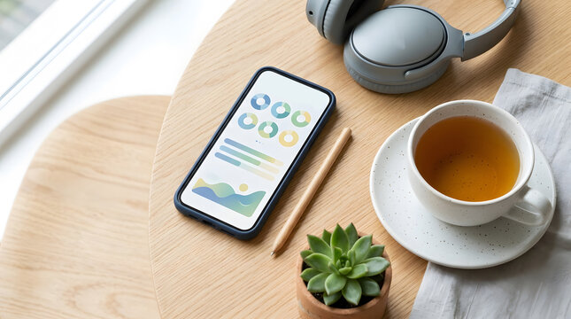Smartphone showing creative business charts next to a cup of tea on round wooden table