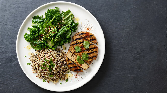 Top view of grilled tofu steak served with quinoa and fresh kale salad on plate