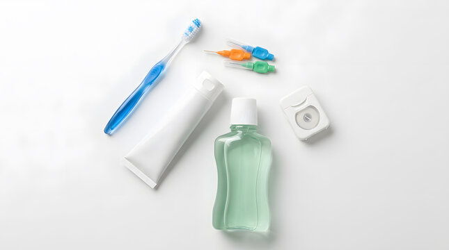 Top view of oral hygiene tools including toothbrush toothpaste floss and interdental brushes for cleaning