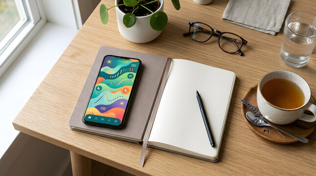 Top view of wooden desk with open notebook smartphone pen glasses and herbal tea cup