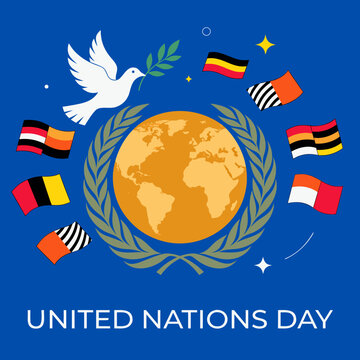 United Nations Day, global peace symbols, dove and world map, international flags
