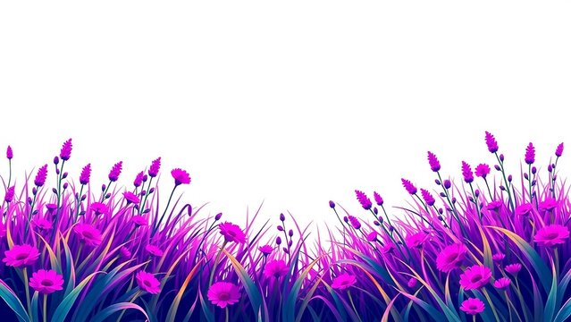 Vibrant floral meadow border with purple and pink wildflowers, decorative grass and large white copy space, ideal for invitations, stationery, greeting cards, banners, nursery designs and cheerful spr