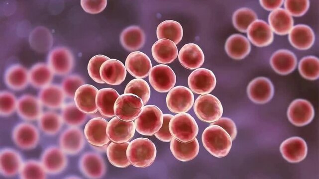 Staphylococcus bacteria, 3D animation showing spherical Gram-positive cocci arranged in characteristic grape-like clusters, common human pathogens causing skin and systemic infections.