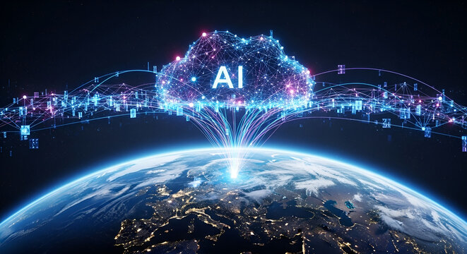 Global AI Cloud Network Connecting Earth - Artificial Intelligence and Digital Data Technology