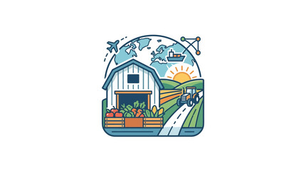 Naklejka premium Global Agriculture: Farm, Tractor, Produce, and International Trade
