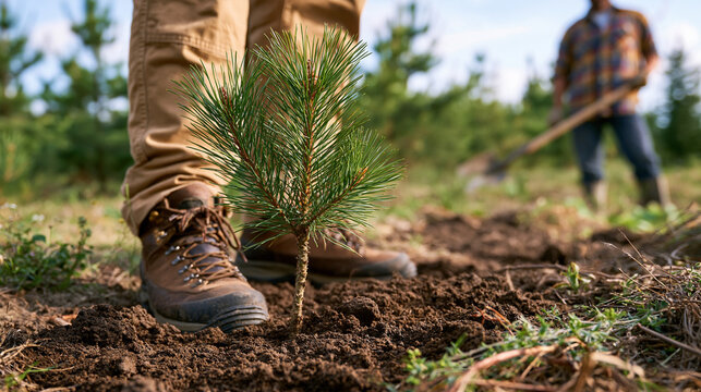 Boots next to a newly planted pine sapling tree, environmental conservation and sustainability project.