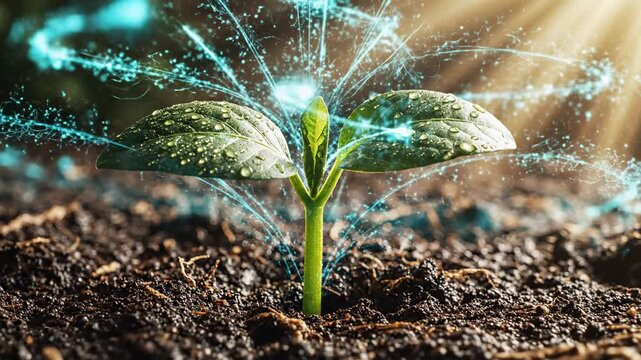 New green seedling sprouts from soil with glowing energy particles, representing growth, innovation, and nature's technology