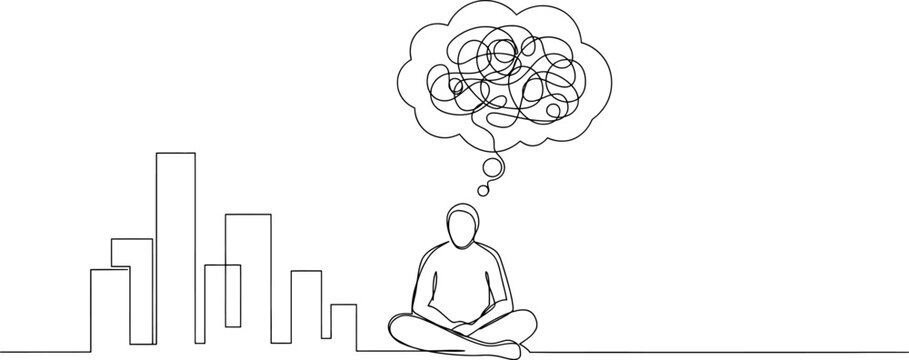 Continuous line of a person meditating with a tangled thought bubble above their head and city