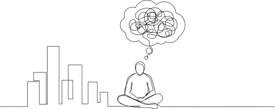 Continuous line of a person meditating with a tangled thought bubble above their head and city