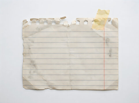 Torn piece of lined notebook paper isolated on white background