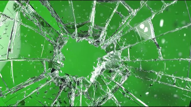 Broken glass shattering with impact hole on green screen