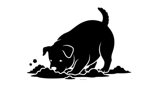 Black dog digging in dirt.