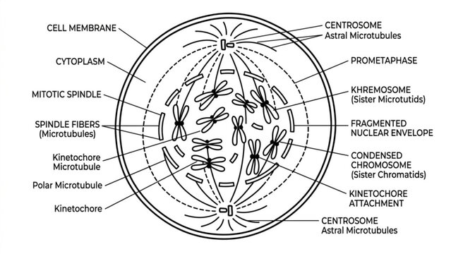 Prometaphase Line Art Vector Illustration Set &ndash; Nuclear Envelope Breakdown and Spindle Attachment