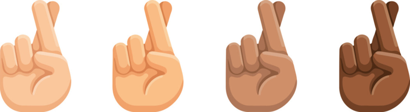 Four diverse hands showing crossed fingers gesture for luck and good fortune on white background