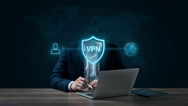 A businessman sitting at a desk with a laptop and a glowing blue vpn shield hologram connecting a user to a globe in the air