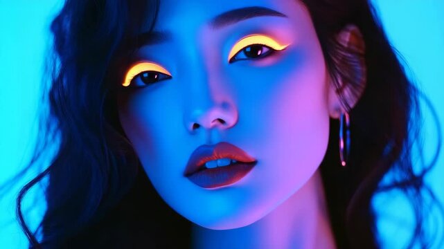 Modern, artistic, striking eye makeup with vibrant orange and yellow hues against blue background