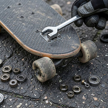 (Technique and Texture): Close-up of a skateboard
Description: Macro shot of a skateboard lying on asphalt. Emphasis on the texture of the sandpaper (grip tape) and the wear on the wheels. A spare set