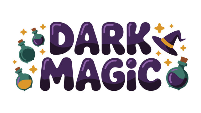 Dark magic typography with witch hat and potion bottles for halloween themed projects and festive seasonal party decorations