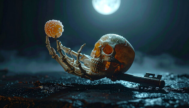 The macabre dance of a skeletal hand holding a glowing orb atop a skull and key, under the watchful eye of a full moon, evokes a sense of dark mystery and the ephemeral nature of life.
