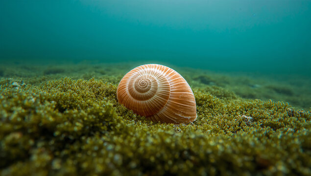海底の苔に包まれた巻貝の殻を近くで捉えた写真