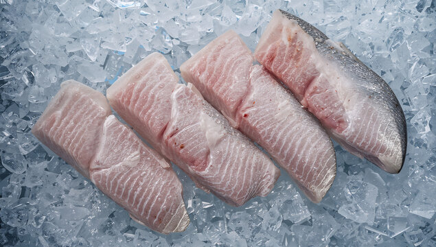 砕いた氷の上に並ぶ新鮮なメカジキの切り身