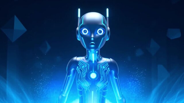 Futuristic humanoid robot with glowing blue circuit lines looking at camera, AI technology concept.