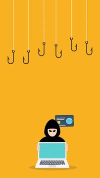 Hacker with laptop computer stealing confidential data, personal information and credit card detail. Hacking concept.