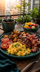 Obraz premium Urban balcony breakfast plate with scrambled eggs sausages crispy bacon roasted potatoes tomatoes fruit bowl coffee and city morning background sunlit table closeup