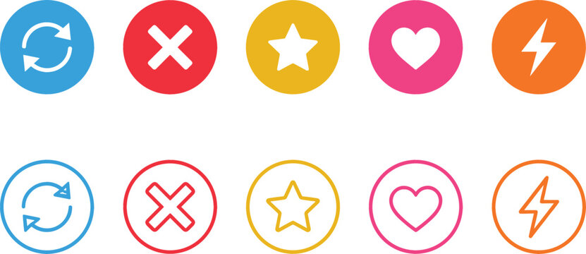 Colorful Dating App Interface Icon Set Featuring Heart Star Cross Lightning Bolt and Refresh Symbols in Solid and Line Styles for UI Designs