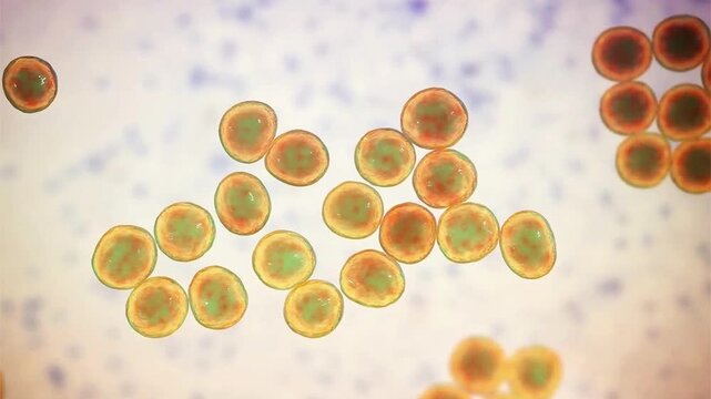 Staphylococcus bacteria, 3D animation showing spherical Gram-positive cocci arranged in characteristic grape-like clusters, common human pathogens causing skin and systemic infections.