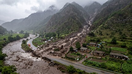 Aerial view of a devastating flash flood and landslide aftermath destroying a remote Himalayan village valley in India © Your Stock