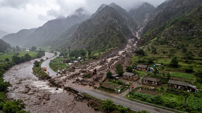 Aerial view of a devastating flash flood and landslide aftermath destroying a remote Himalayan village valley in India