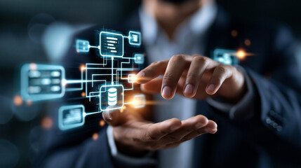 Obraz premium Faceless professional designing a glowing database schema and system architecture on a bright digital interface data connection information management technology with copy