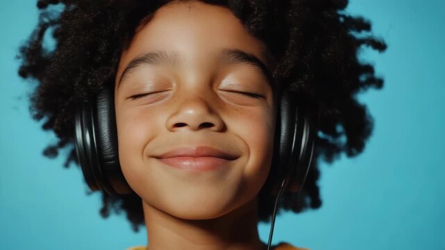 A joyful young girl wearing headphones listening intently and smiling brightly with her eyes closed.
