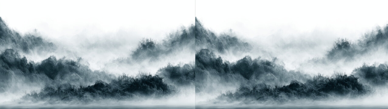 Realistic landscape mountain fog and forest on transparent and white background.