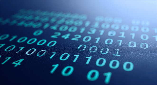 Glowing cyan binary code data stream on dark blue background