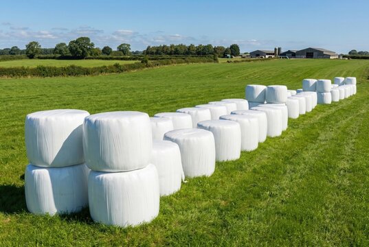 Large round hay bales securely wrapped in white plastic for winter animal fodder