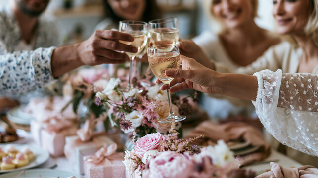Guests raising glasses for a toast at a beautifully decorated baby shower with flowers, desserts and festive table decorations. Warm indoor celebration with family and friends.