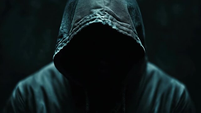 A mysterious person wearing a hooded cloak stands in the shadows.