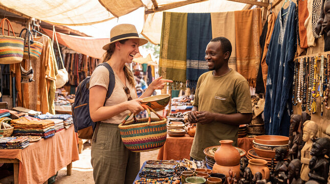 Tourist smiles while bargaining with craft vendor in colorful market filled baskets pottery textiles beads for cultural travel souvenir shopping concept authentic marketplace exchange scene