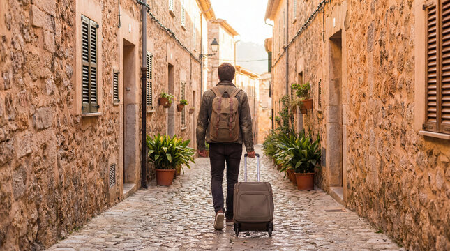 Backpacker rolls suitcase through narrow sunlit stone alley with plants shutters old village walls showing slow travel arrival historic charm in Mediterranean town solo travel scene