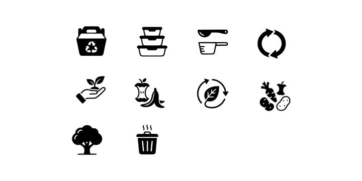Icon set collection of food waste reduction, composting, and circular economy practices, including organic waste and recycling container icons.