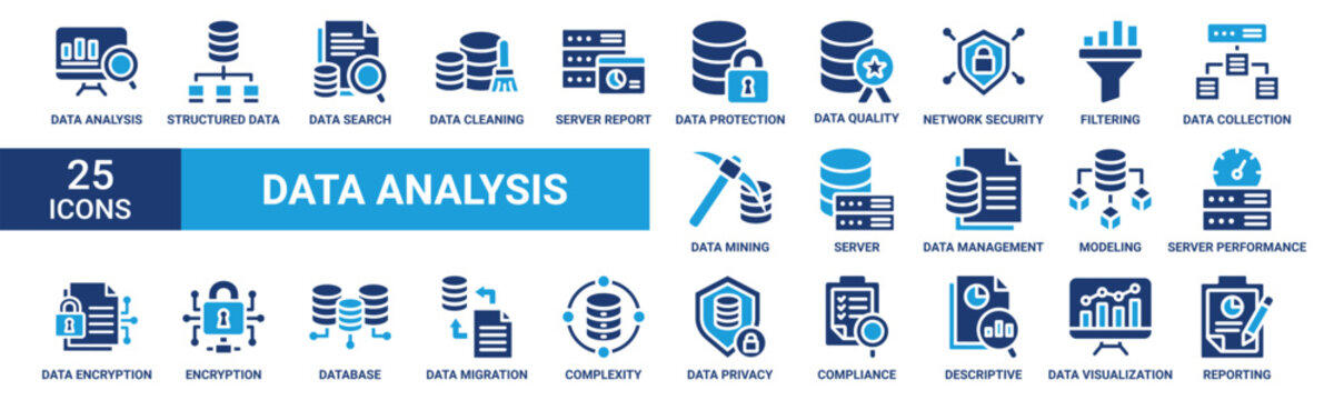 Data analysis icon set. Containing structured data, data search, data cleaning, server report, data protection, data quality, network security, filtering and more. Solid vector icons collection.