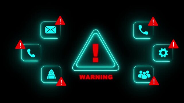Scam alert warning. cybersecurity concept a prominent digital warning sign surrounded by alert icons, symbolizing online security threats, data protection, and scam prevention
