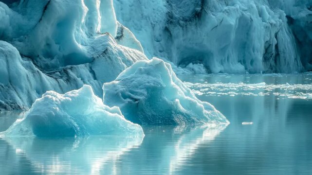 Crystal clear waters flowing past massive chunks of ice.