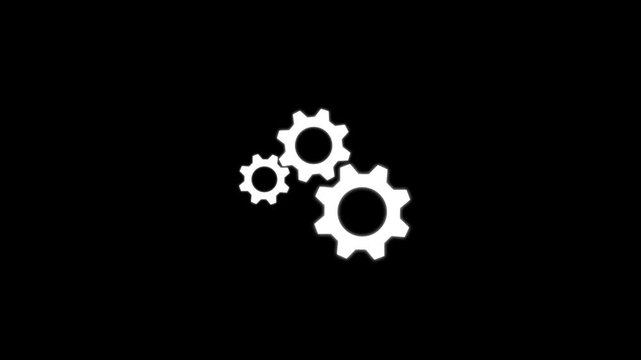 3 white gears spinning. Group of gears. Alpha channel. Gears rotating animation. cogwheel gear icon logotype rotating animation