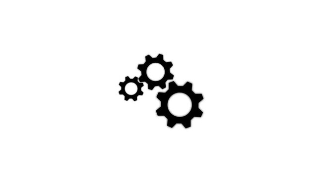 3 white gears spinning. Group of gears. Alpha channel. Gears rotating animation. cogwheel gear icon logotype rotating animation